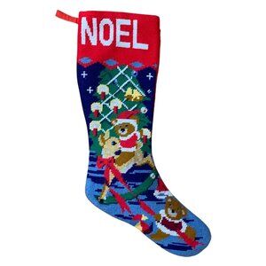 VTG Needlepoint NOEL Wool Blend Christmas Stocking Teddy Bears Deer Tree